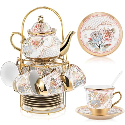 20 Piece Porcelain Tea Set with Metal Holder for Women with Flower Painting, Large Version — Minimalist Style
