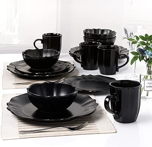 Lorren Home Trends 16 Piece Scalloped Edge Black Dinnerware, Medium