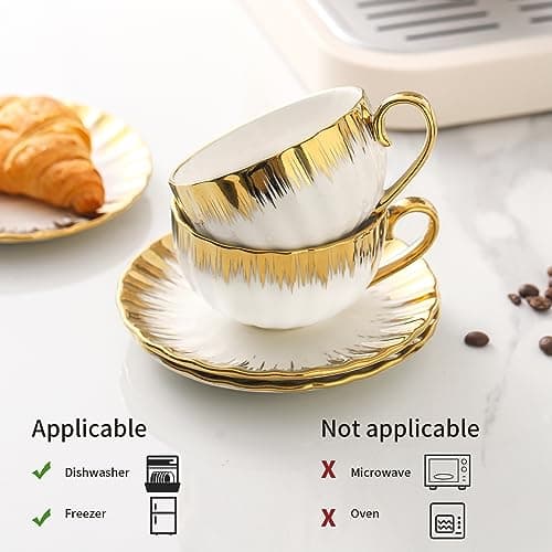 LETAOTAO 7 oz Porcelain Cappuccino Cups Set with Saucers - 6 Tea and Coffee Cups with Gold Trim
