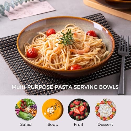 LERATIO 9.0" Reactive Glaze Ceramic Pasta Bowl Set, Microwave & Oven Safe, Wide 38oz Salad & Pasta Bowls-Khaki