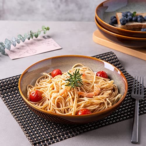 LERATIO 9.0" Reactive Glaze Ceramic Pasta Bowl Set, Microwave & Oven Safe, Wide 38oz Salad & Pasta Bowls-Khaki
