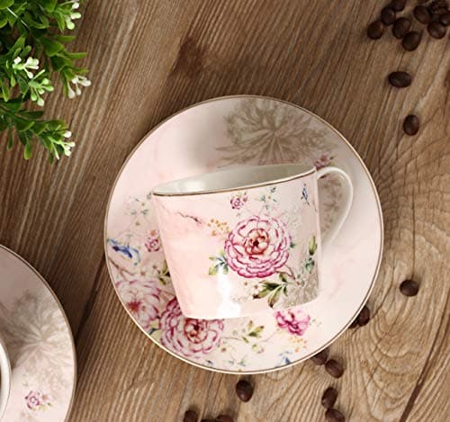 Vintage Peony Flower Design Porcelain Tea Cups and Saucers, Set of 2 - 7 Ounce (220ml) - 4 Pieces