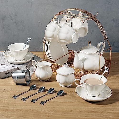 Chenp.HMC 22-Piece Porcelain Coffee Tea Set with Teapot, Cups & Saucers (WHITE3)