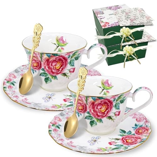 Bourbon Rose Floral Bone China Tea Cup Set with Gold Trim (7.5 OZ) — Bourbon Rose 2