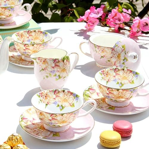 ONEUSTAR Pink Vintage Floral Bone China Tea Cup and Saucer Set
