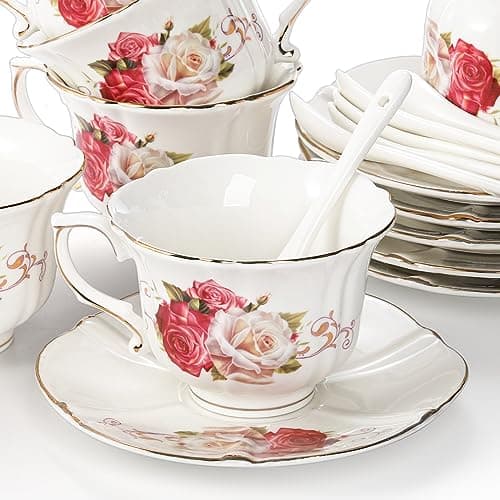 Foraineam 6-Piece Porcelain Tea Set, Ivory Rose Cups & Saucers, Gold Trimmed Latte & Espresso Mugs