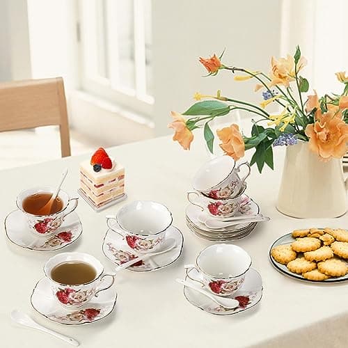 Foraineam 6-Piece Porcelain Tea Set, Ivory Rose Cups & Saucers, Gold Trimmed Latte & Espresso Mugs