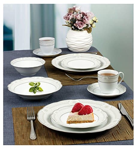 Lorren Home Trends 57-Piece Wavy Porcelain Dinnerware Set, Silver