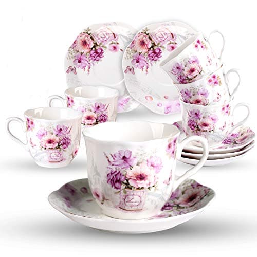 GuangYang Purple Floral Porcelain Tea Cups & Saucers Set of 6 (7oz) - Tea Gift for Adults