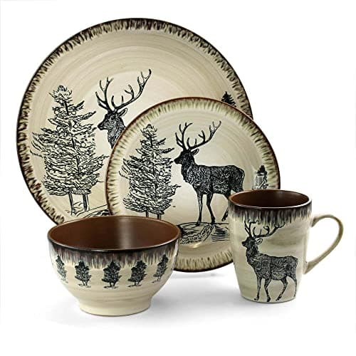 Elama Majestic Elk Round Stoneware Dinnerware Set Taupe