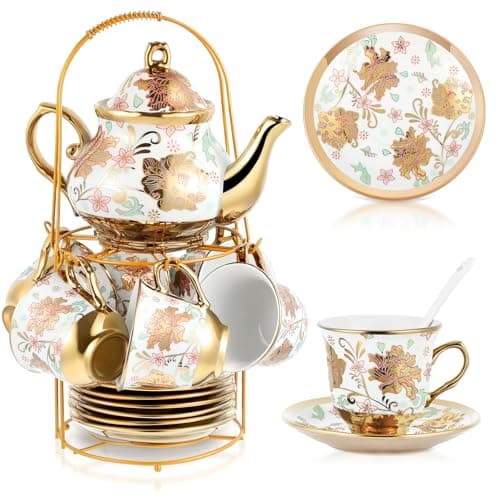 20 Piece Porcelain Tea Set with Metal Holder for Women with Flower Painting, Large Version — Elegant Style
