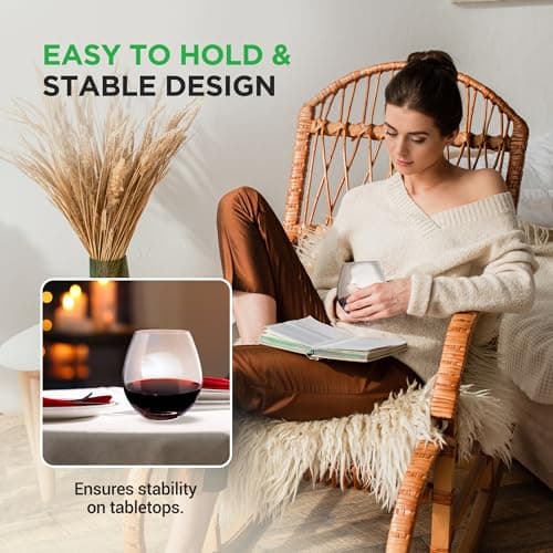 NutriChef Stemless 8oz Wine Glasses, Hand Blown for Home & Bar, Dishwasher Safe, Gift Set