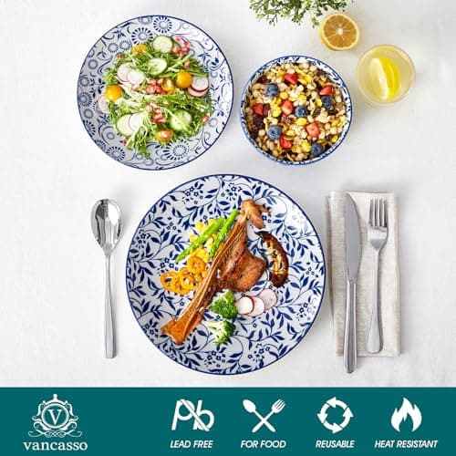 Vancasso SELENE 4-Piece Plates and Bowls Set, Microwave & Dishwasher Safe Porcelain Blue