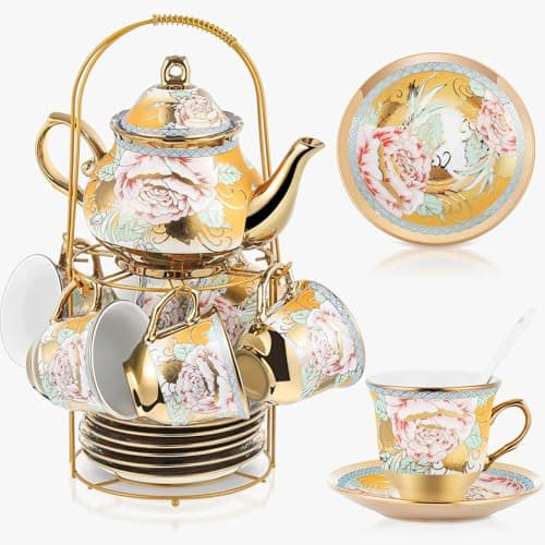 20 Piece Porcelain Tea Set with Metal Holder for Women with Flower Painting, Large Version — Classic Style
