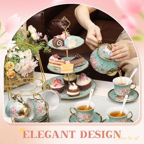 21pcs Green Porcelain Teapot Set Cupcake Stand Ceramic Tea Cups Saucers for Women Tea Parties Gifts