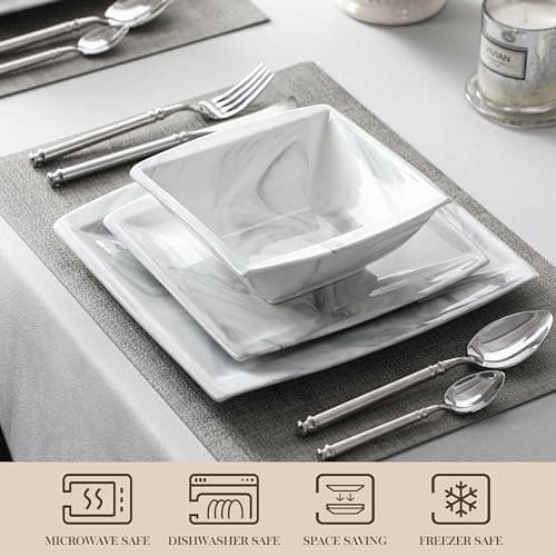 MALACASA 12-Piece Marble Grey Dinnerware Set for 4 - Square Plates and Bowls for Dessert, Salad, and Soup