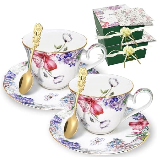 Bourbon Rose Floral Bone China Tea Cup Set with Gold Trim (7.5 OZ) — Red Lily 2