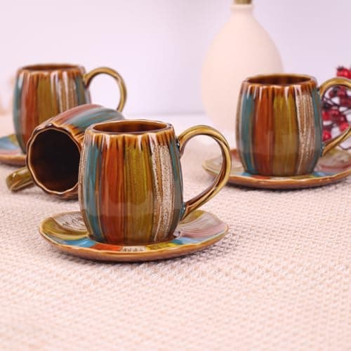GuangYang 12-Piece Porcelain Bronze Glazed Tea Cup and Saucer Set with Rainbow Pattern 7oz