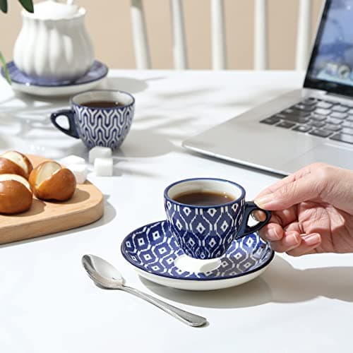Selamica Ceramic 2 oz Espresso Cups, Vintage Blue Saucers, Porcelain Latte Set of 6