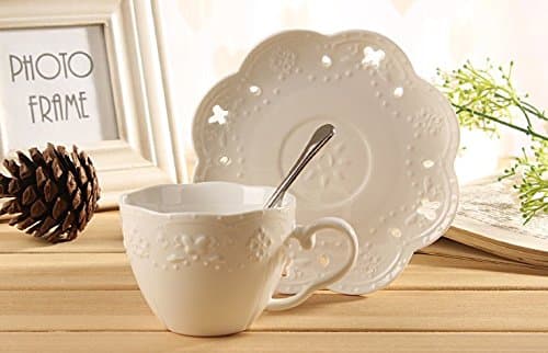Jusalpha White Porcelain 5OZ Tea Cup and Saucer Set, Set of 6