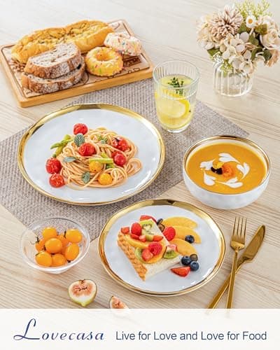 LOVECASA White and Gold Porcelain Dinnerware Set, 12-Piece Plate and Bowl Kit, Dishwasher Safe