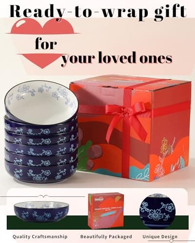 Sakura Floral Series Midnight Blue Porcelain Pasta Bowls Set of 6 - 40 Oz, Large Colorful Salad Pasta Bowls