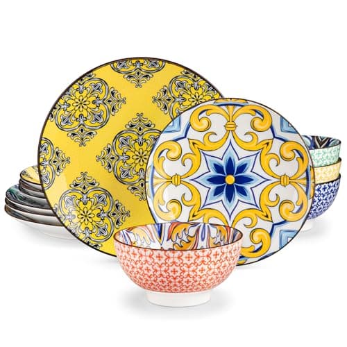 Vancasso Jasmin Hand-Painted Arabic Series Porcelain Dinnerware Set - 12 Piece Bowls and Plates