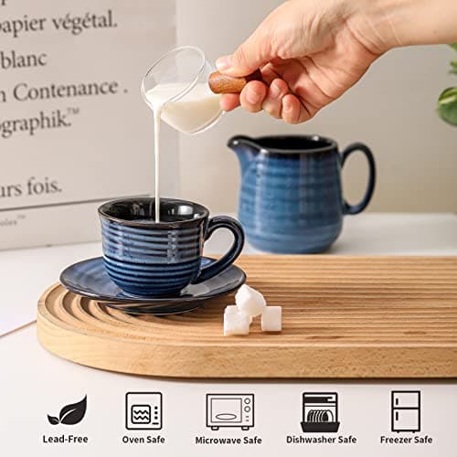 Set of 4 Navy Blue Ceramic Espresso Cups with Saucers