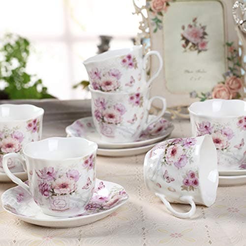 GuangYang Purple Floral Porcelain Tea Cups & Saucers Set of 6 (7oz) - Tea Gift for Adults
