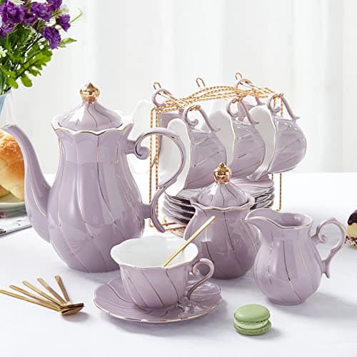 DUJUST 22 Piece Pink Luxury Tea/Coffee Set, Golden Trim, Perfect Gift for Women — Lavender Purple