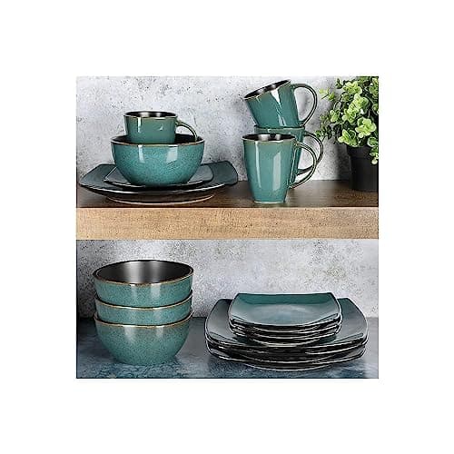 Gibson Elite Soho Lounge Dinnerware Set, Soft Square, Teal, Service for 4 (16pc)