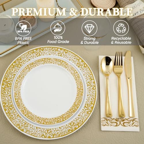 FOCUSLINE 175 Gold Dinnerware Set for 25 Guests: White Plastic Plates with Gold Lace Trim, Includes Dinner Plates, Dessert Plates, Silverware, Cups, and Napkins