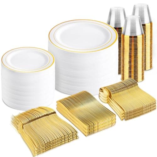B UCLA 350PCS Gold Plastic Dinnerware Set for 50 Guests Party Supplies — White/Gold