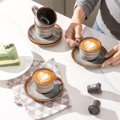 Ceramic Espresso Cups & Saucers, 5 Oz, Set of 4, Small Coffee Mugs Brown