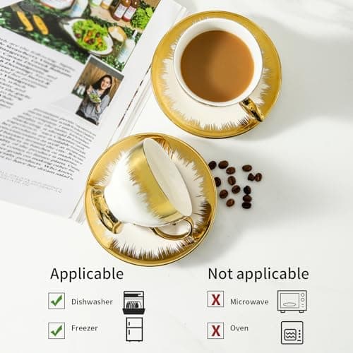 LETAOTAO Gold Trimmed Ceramic Coffee Cup Set 6pcs 7 oz
