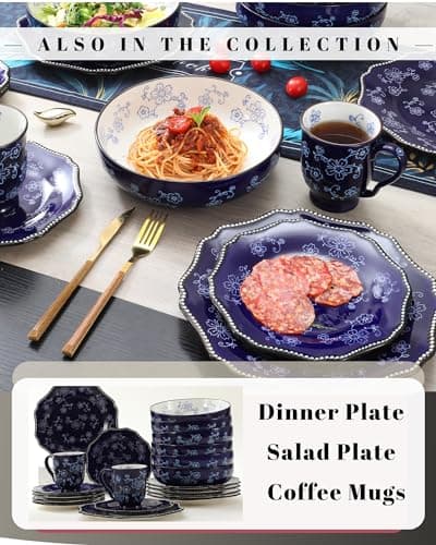 Sakura Floral Series Midnight Blue Porcelain Pasta Bowls Set of 6 - 40 Oz, Large Colorful Salad Pasta Bowls