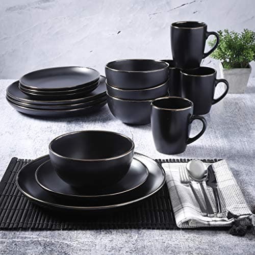 Gibson Home Rockaway Round Stoneware Dinnerware Set, Black/Gold Rim (4 Servings)