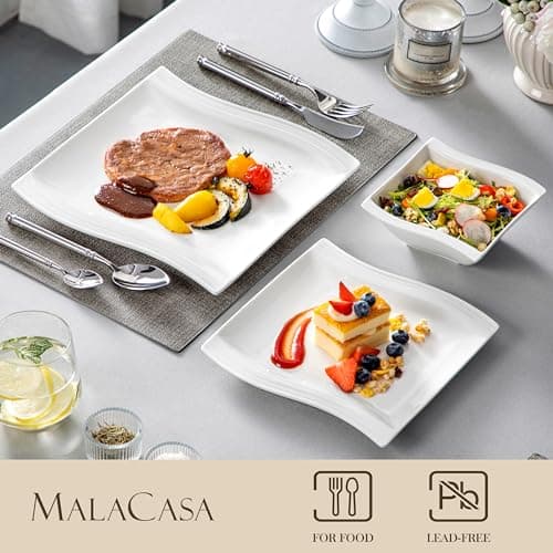 Modern Square Dinnerware Set for 6, 30-Piece Porcelain, Ivory White, Series Flora