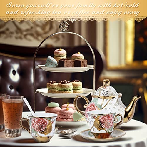 20 Piece Porcelain Tea Set with Metal Holder for Women with Flower Painting, Large Version