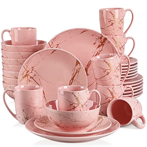 LOVECASA Black & Gold Porcelain Dinnerware Set, 12 Pieces, Dishwasher Safe — Pink_Gold