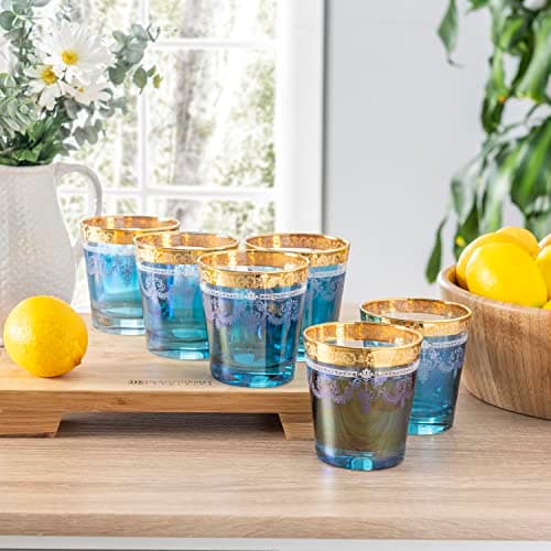 Lorren Home Trends Double Old Fashion Set of 6 Blue with Gold Band