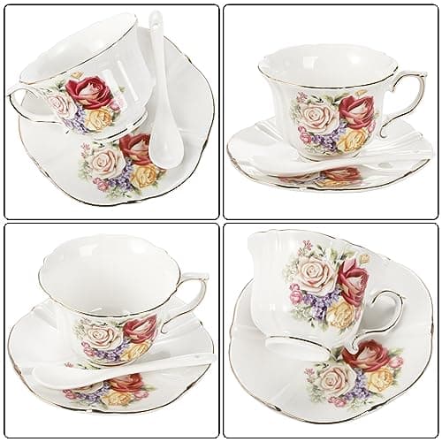 Vintage Rose Tea Cups and Saucers Set, 8 OZ Ceramic with Gold Trim for Tea Party