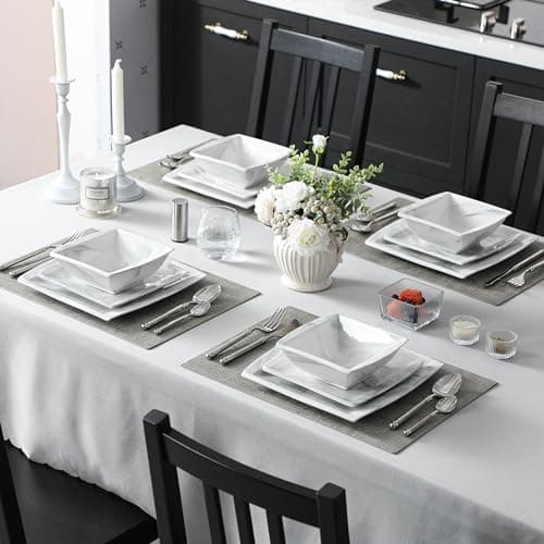 MALACASA 12-Piece Marble Grey Dinnerware Set for 4 - Square Plates and Bowls for Dessert, Salad, and Soup