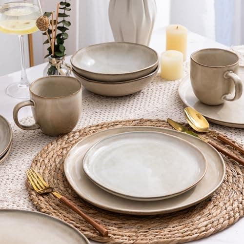 AmorArc Ceramic Dinnerware Set, Handmade Reactive Glaze Plates & Bowls, Chip & Crack Resistant, Dishwasher & Microwave S