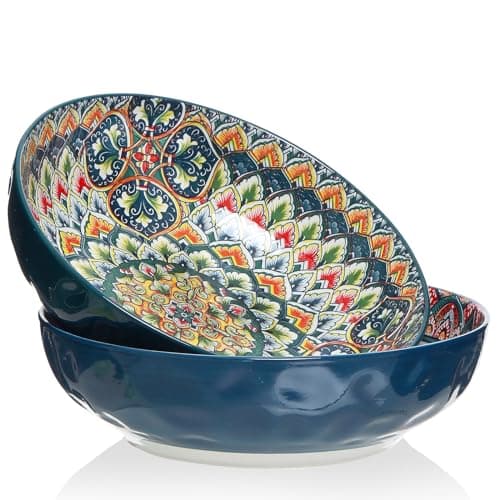 Colorful Bohemian Ceramic Pasta Bowl Set of 2, 10.2inch Serving Bowls
