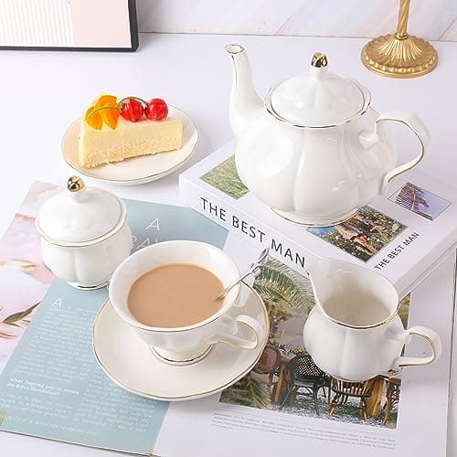 Chenp.HMC 22-Piece Porcelain Coffee Tea Set with Teapot, Cups & Saucers (WHITE3)