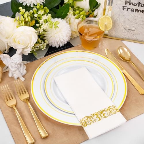B UCLA 350PCS Gold Plastic Dinnerware Set for 50 Guests Party Supplies
