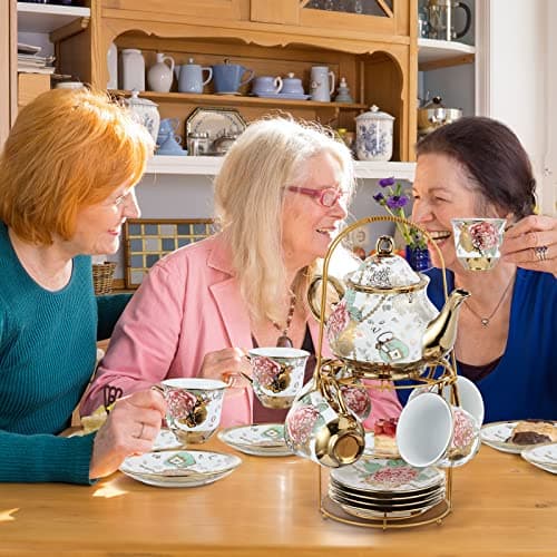 20 Piece Porcelain Tea Set with Metal Holder for Women with Flower Painting, Large Version