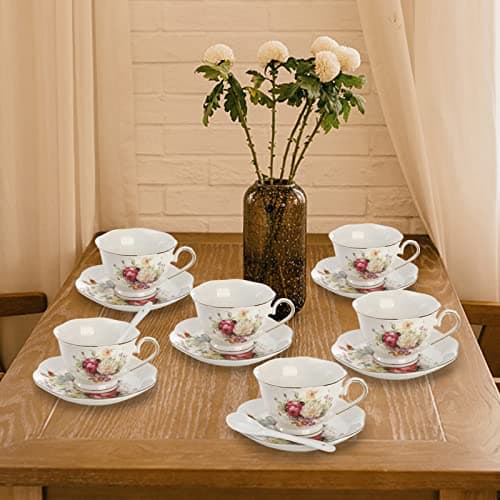 Foraineam 6-Piece Floral Tea Cup Set with Gold Trim