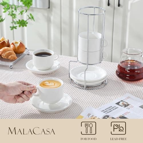 MALACASA White Espresso Cups with Saucers & Metal Stand, Set of 4